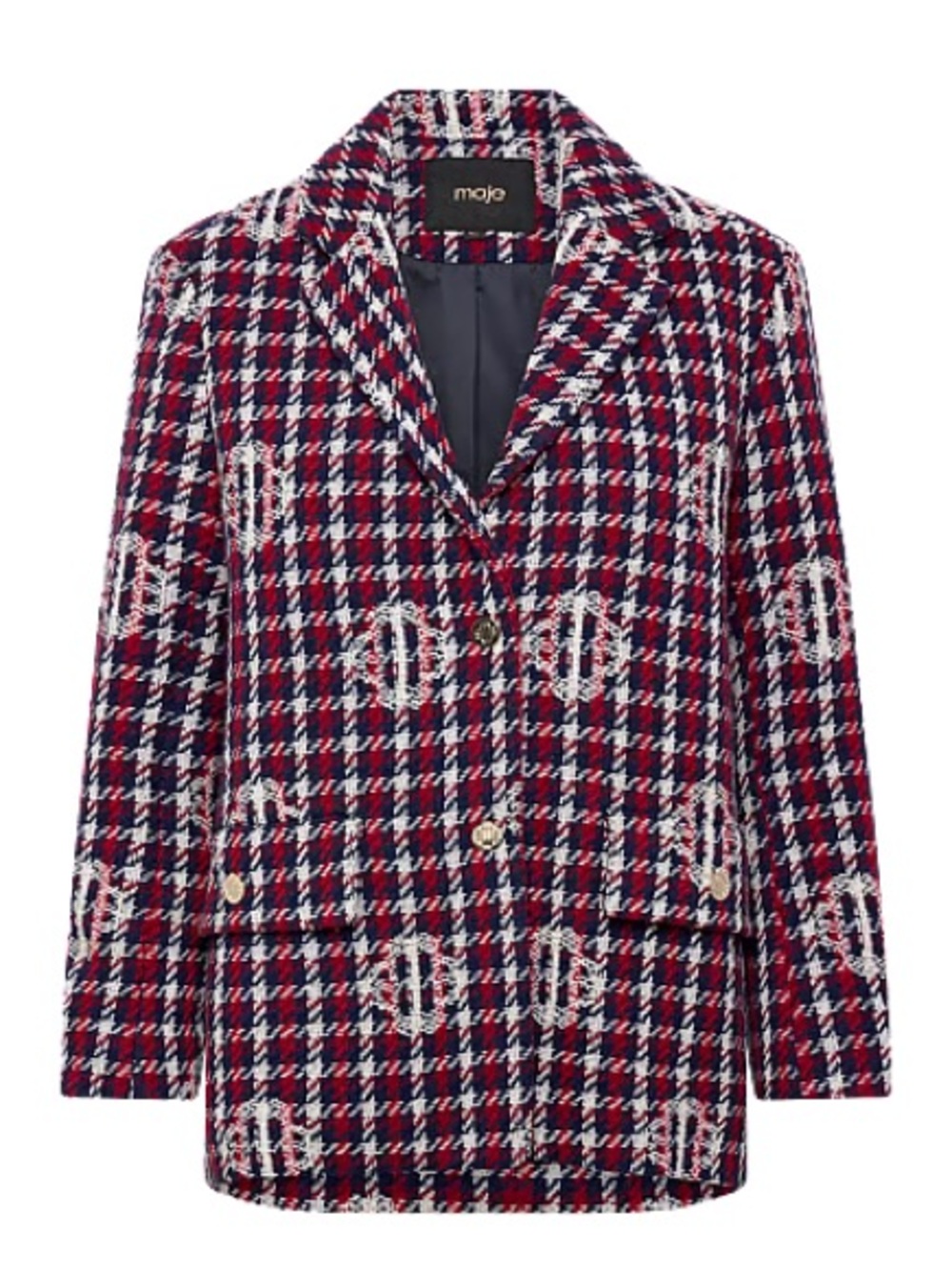 Maje Red Navy White Houndstooth Tweed Blazer